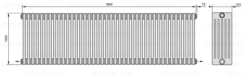 Схема (чертеж) Радиатор Zehnder Charleston 6100/40 №2670 Белый глянцевый RAL 9016